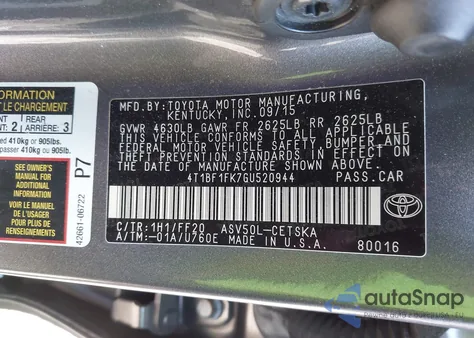 2016 Toyota Camry Se z USA, uszkodzony, nr VIN 4T1BF1FK7GU520944